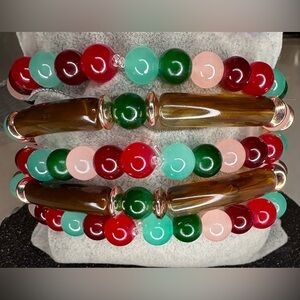 Multicolor 5 stacked Beaded Stretch Bracelet Set with Brown Accent Beads